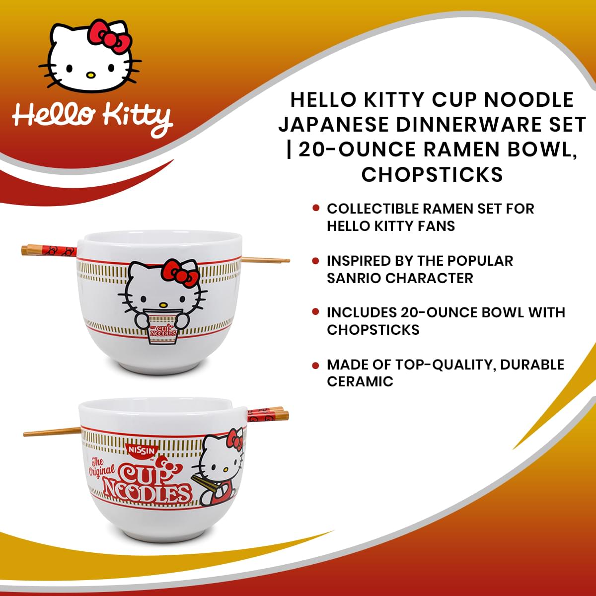 Hello Kitty Cup Noodle Japanese Dinnerware Set | 20-Ounce Ramen Bowl, Chopsticks