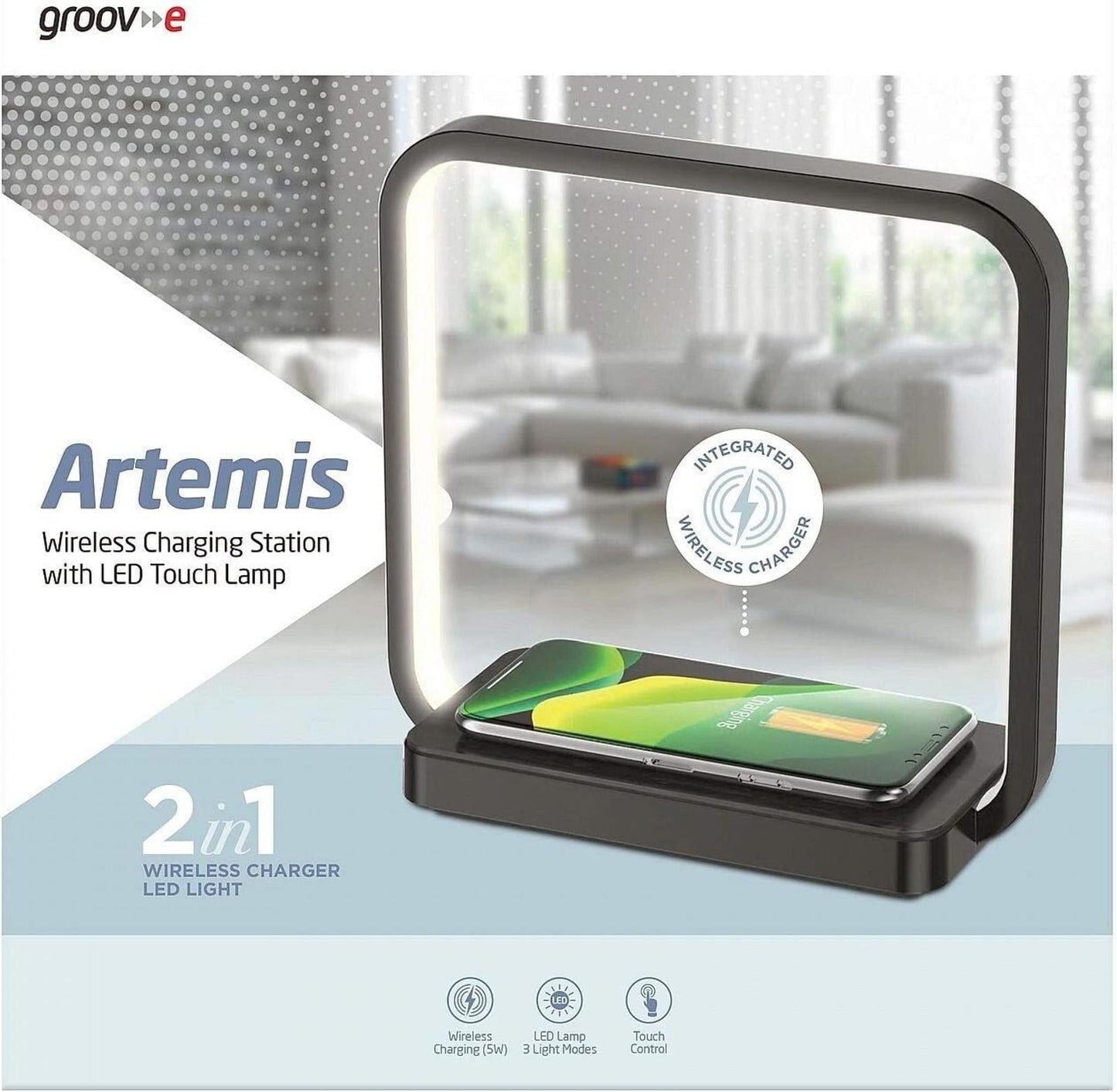 GROOV-E ARTEMIS LED TOUCH LAMP W/ QI PHONE WIRELESS CHARGING PAD STATION BLACK