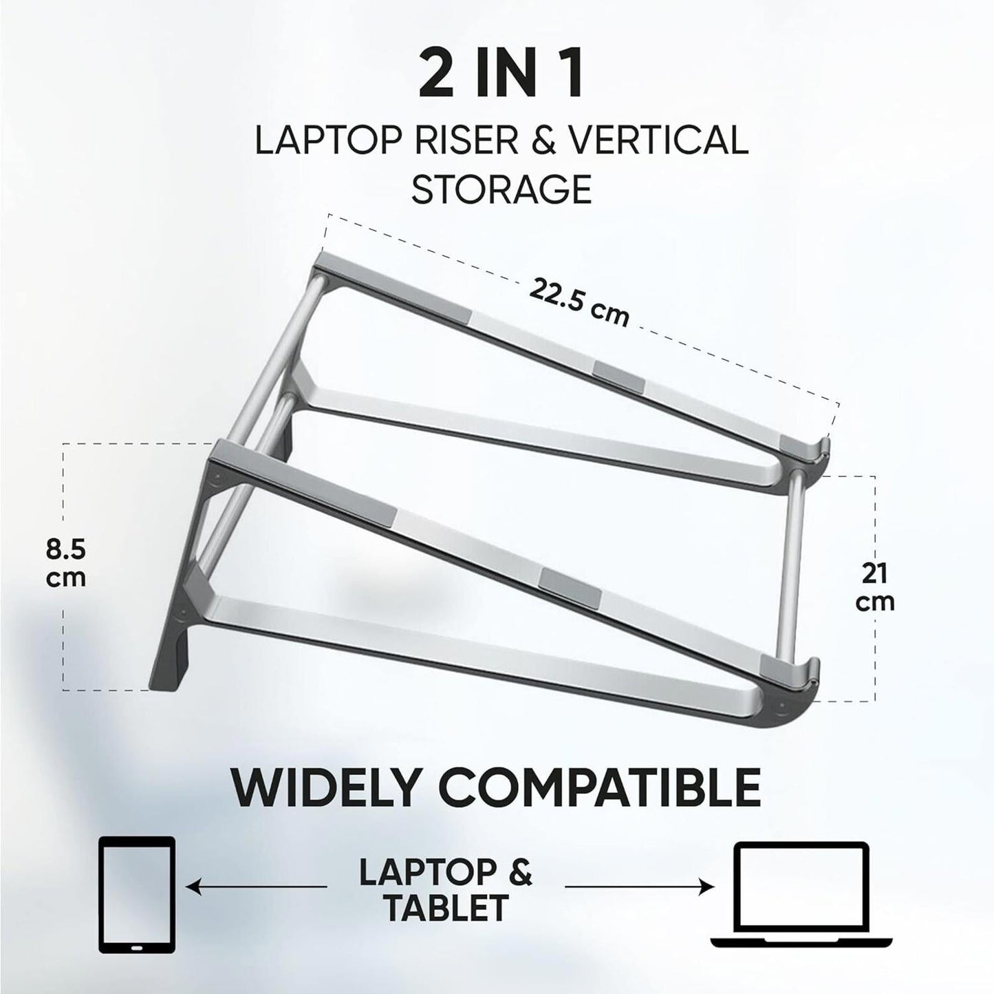 2 In 1 Laptop stand Riser Vertical Storage Aluminium and Ergonomically Designed