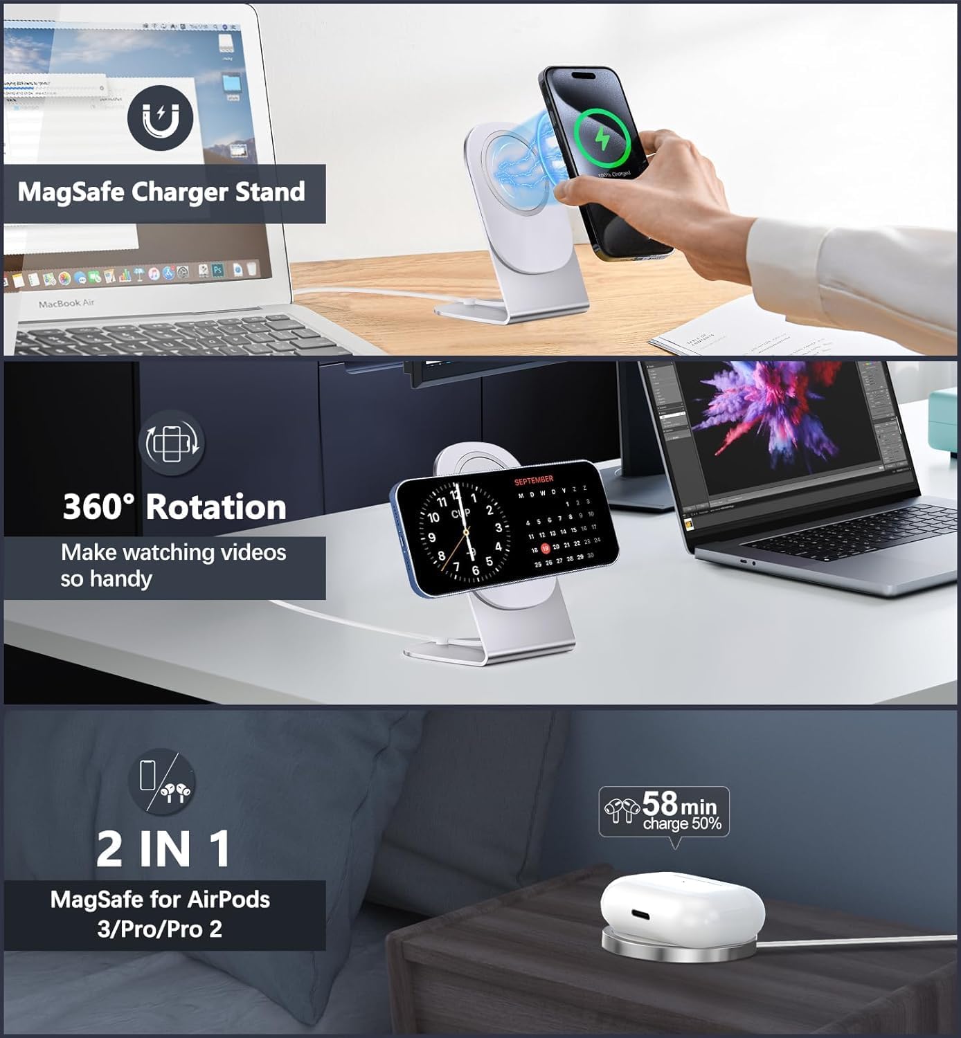 Magnetic Wireless Charger Mag-Safe Charger for iPhone 15/14/13/12 Series Convertible Magnet Wireless Charging Stand/Pad with Dual Charging Ports 5ft Cable for iPhone and AirPods 2/3/Pro (No Adapter)