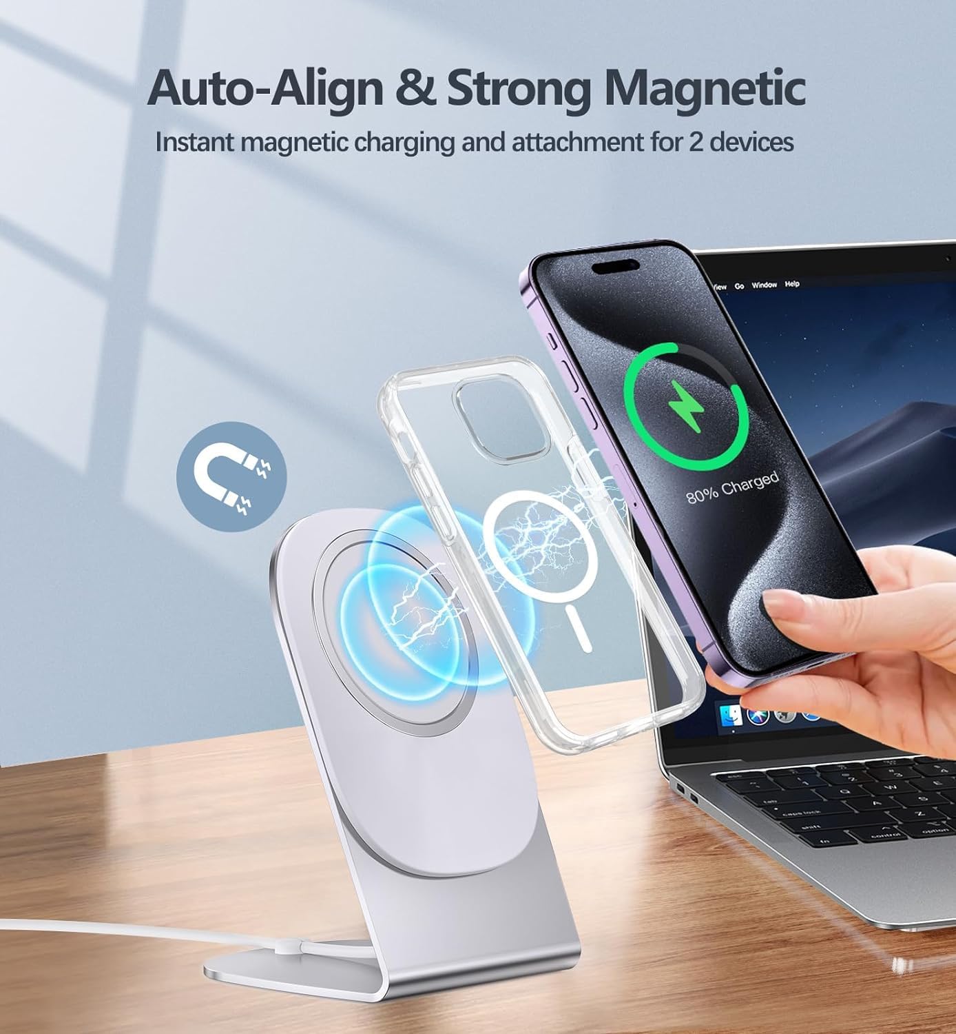Magnetic Wireless Charger Mag-Safe Charger for iPhone 15/14/13/12 Series Convertible Magnet Wireless Charging Stand/Pad with Dual Charging Ports 5ft Cable for iPhone and AirPods 2/3/Pro (No Adapter)