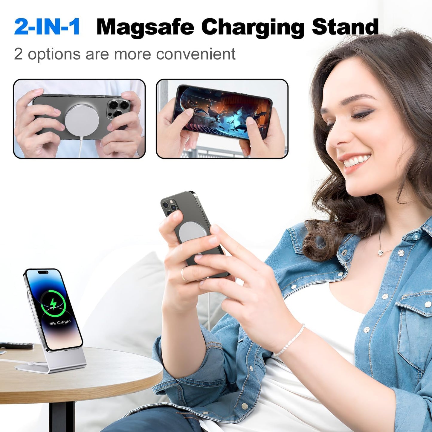 Magnetic Wireless Charger Mag-Safe Charger for iPhone 15/14/13/12 Series Convertible Magnet Wireless Charging Stand/Pad with Dual Charging Ports 5ft Cable for iPhone and AirPods 2/3/Pro (No Adapter)