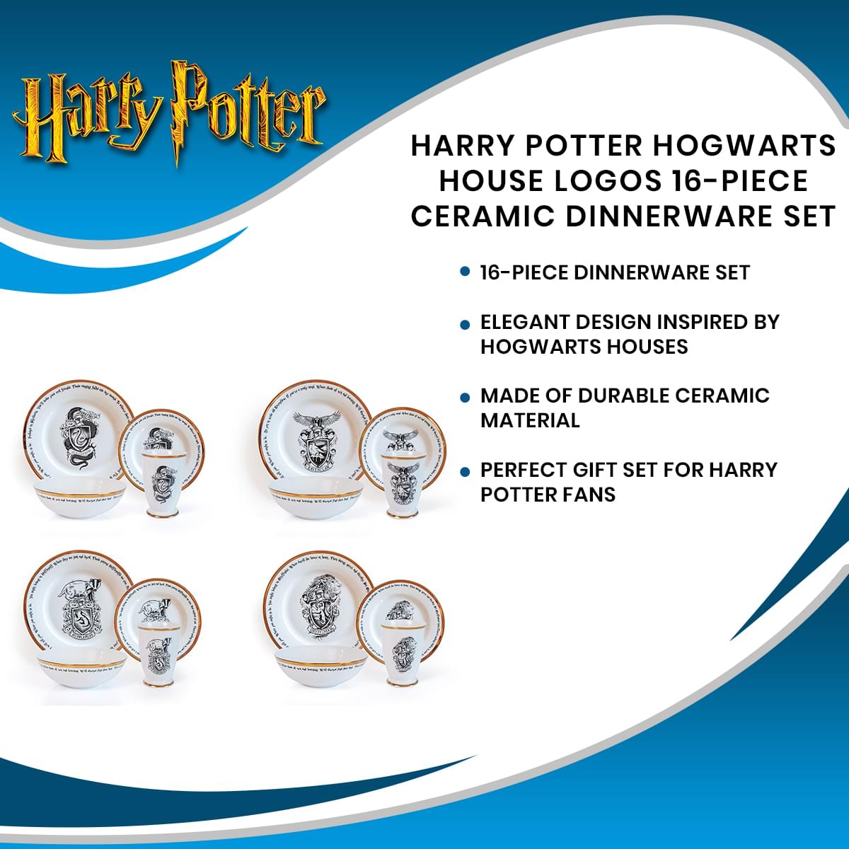 Harry Potter Hogwarts House Logos 16-Piece Ceramic Dinnerware Set