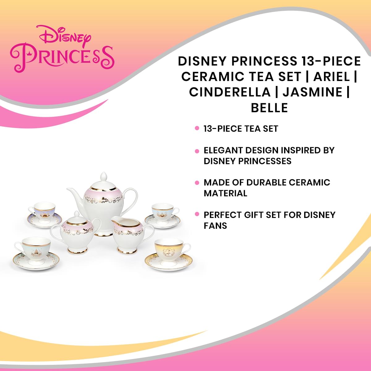 Disney Princess 13-Piece Ceramic Tea Set | Ariel, Cinderella, Jasmine, Belle