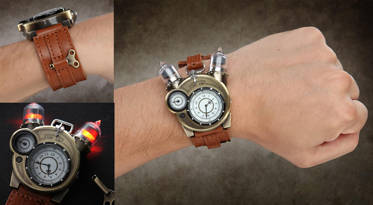 Steampunk Tesla Analog Watch With Metal Findings And Leather Strap