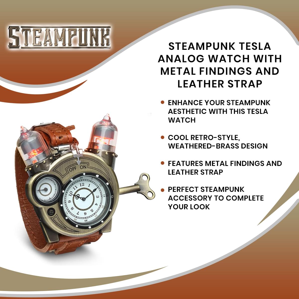 Steampunk Tesla Analog Watch With Metal Findings And Leather Strap