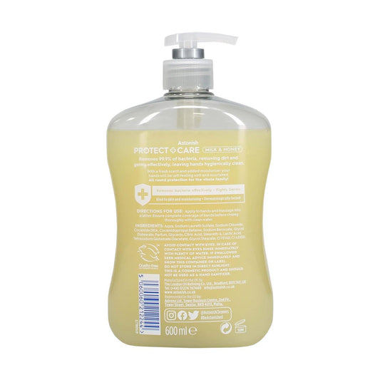 Astonish Protect and Care Kind to Skin Moisturising Anti-Bacterial Hand Wash Soap, Milk and Honey 600ml