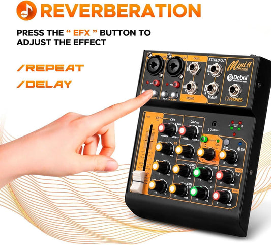 Audio Mixer Mini4 Professional Sound  Streaming,4 Channel Bluetooth 48V