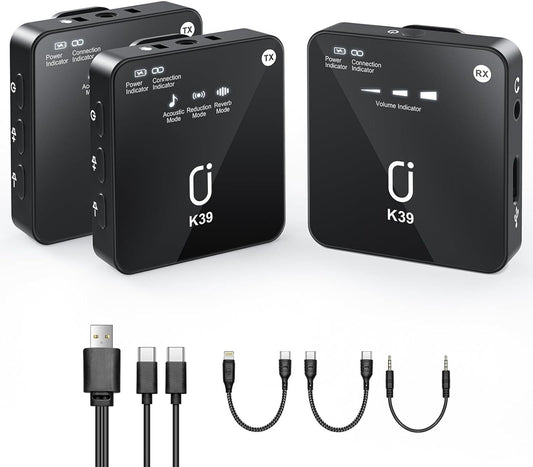 JYX K39 Wireless Lavalier Microphones for iOS and Android, 2.4GHz, Black, New.
